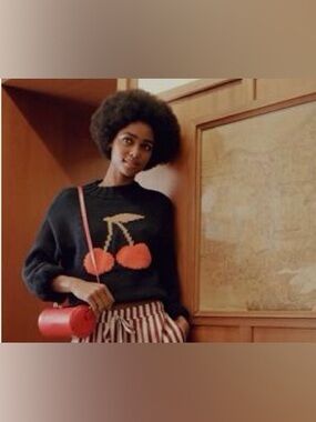 Maeve Black Crewneck Sweater with Red Cherry Intarsia